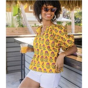 Printfresh Countryside Drives Puff Sleeve Peplum Blouse Small Gold Floral Boho